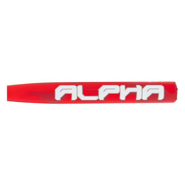 Side view of a red bat barrel with white ALPHA lettering and a subtle red camouflage pattern.