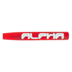 Side view of a red bat barrel with white ALPHA lettering and a subtle red camouflage pattern.