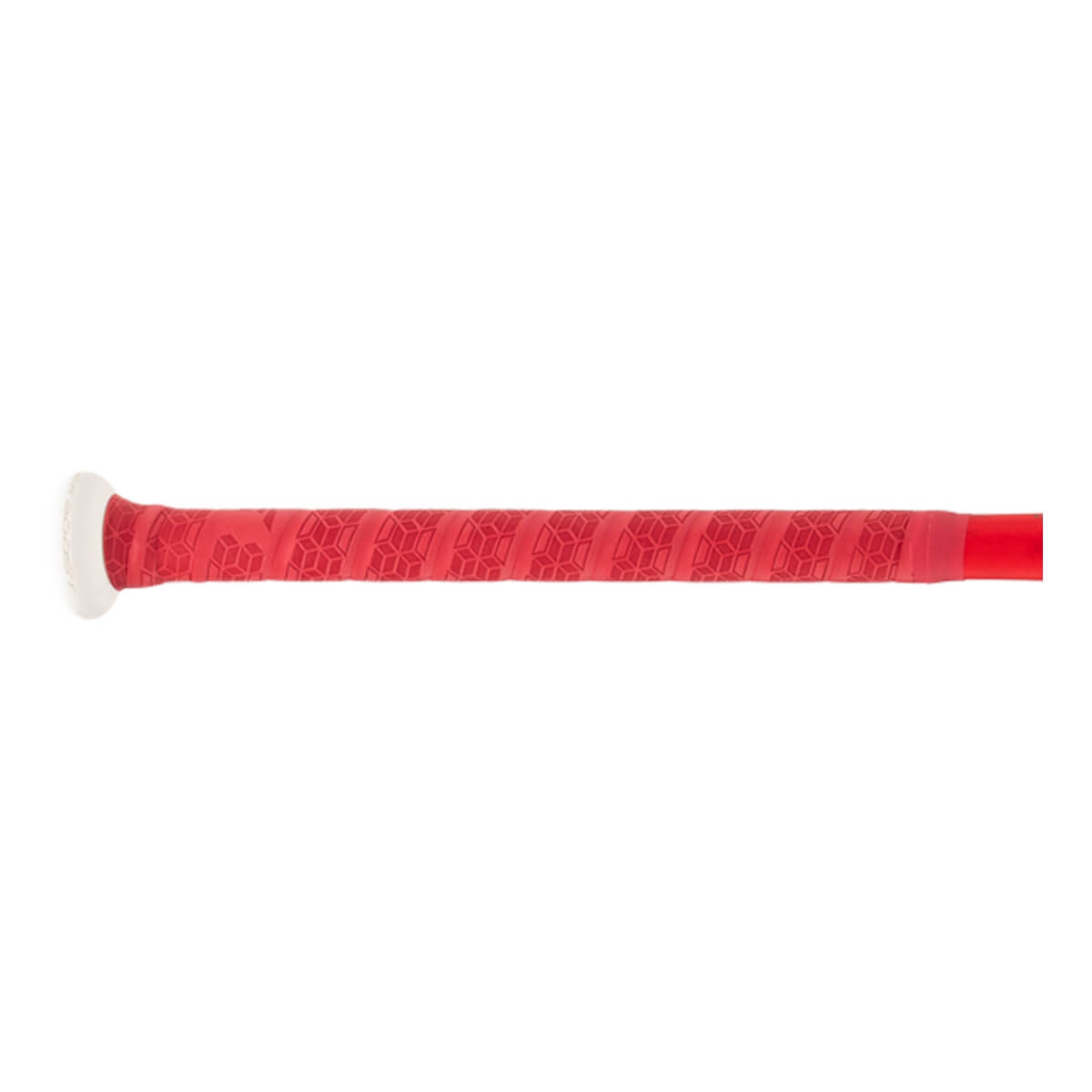 Close-up of the red grip of a softball bat with a repeating geometric pattern and a white knob.