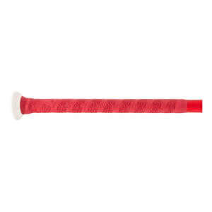 Close-up of the red grip of a softball bat with a repeating geometric pattern and a white knob.
