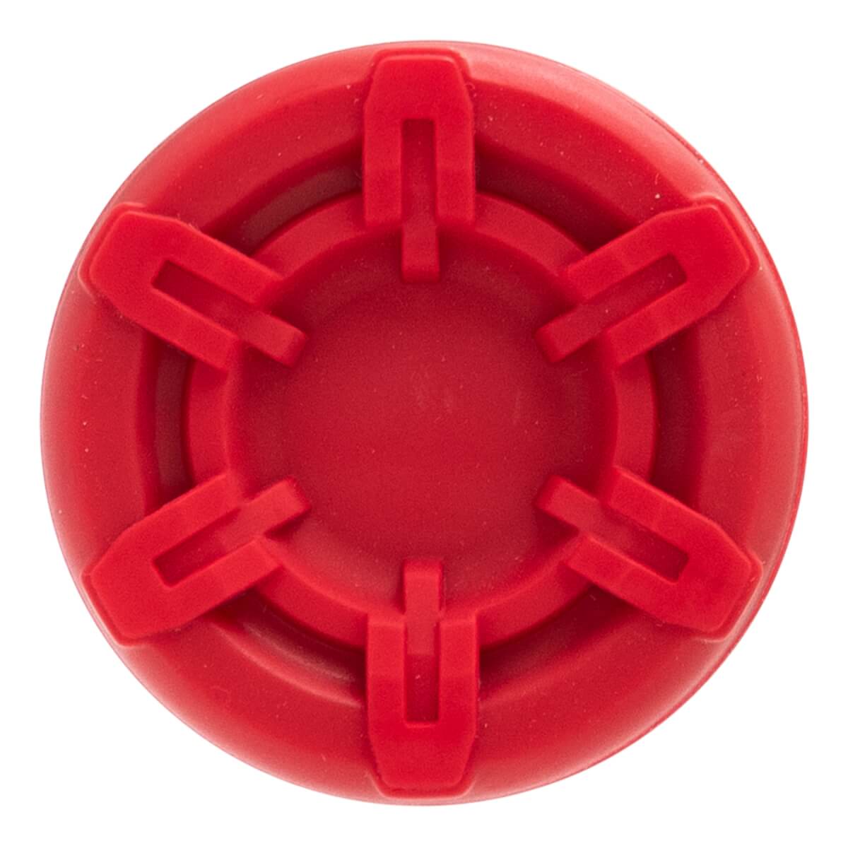 Top-down view of a red bat end cap with six radial U-shaped fins and concentric circular ridges.