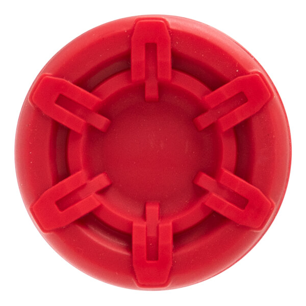 Top-down view of a red bat end cap with six radial U-shaped fins and concentric circular ridges.