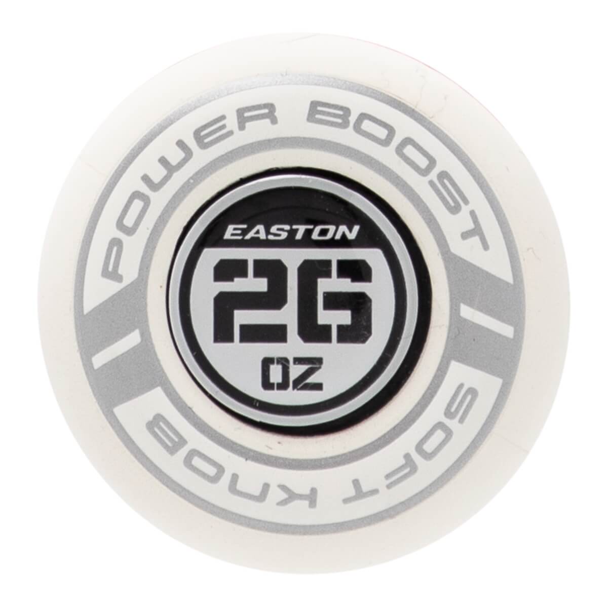 Top-down close-up of a white bat knob with Easton logo, 26 OZ weight, and POWER BOOST SOFT KNOB text.