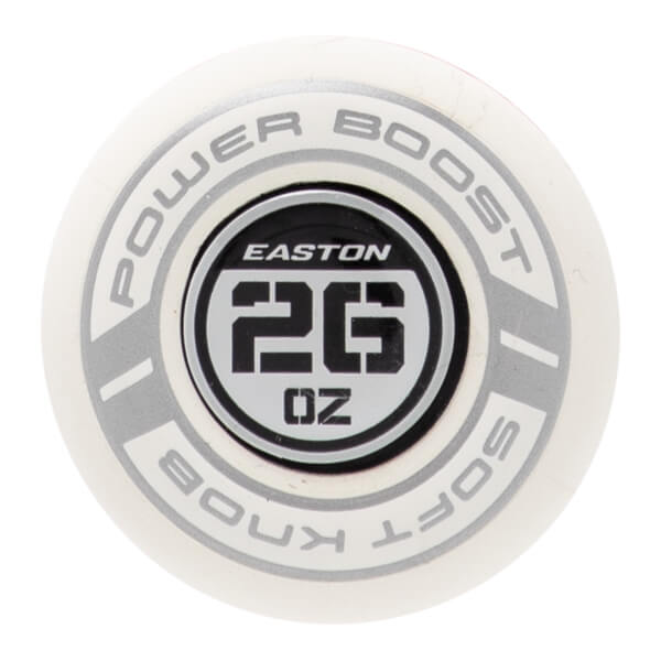 Top-down close-up of a white bat knob with Easton logo, 26 OZ weight, and POWER BOOST SOFT KNOB text.