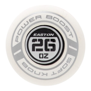 Top-down close-up of a white bat knob with Easton logo, 26 OZ weight, and POWER BOOST SOFT KNOB text.