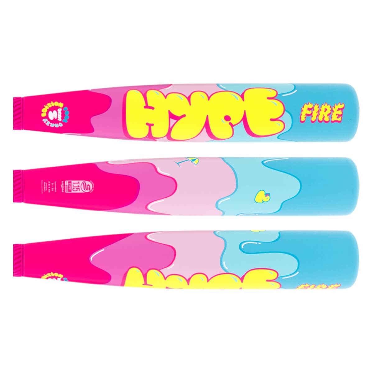 Full barrel design view of a pink and blue Easton baseball bat with HYPE FIRE in yellow bubble letters and a cocktail graphic.