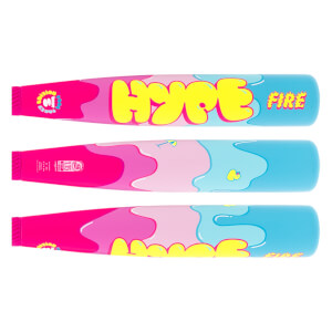 Full barrel design view of a pink and blue Easton baseball bat with HYPE FIRE in yellow bubble letters and a cocktail graphic.