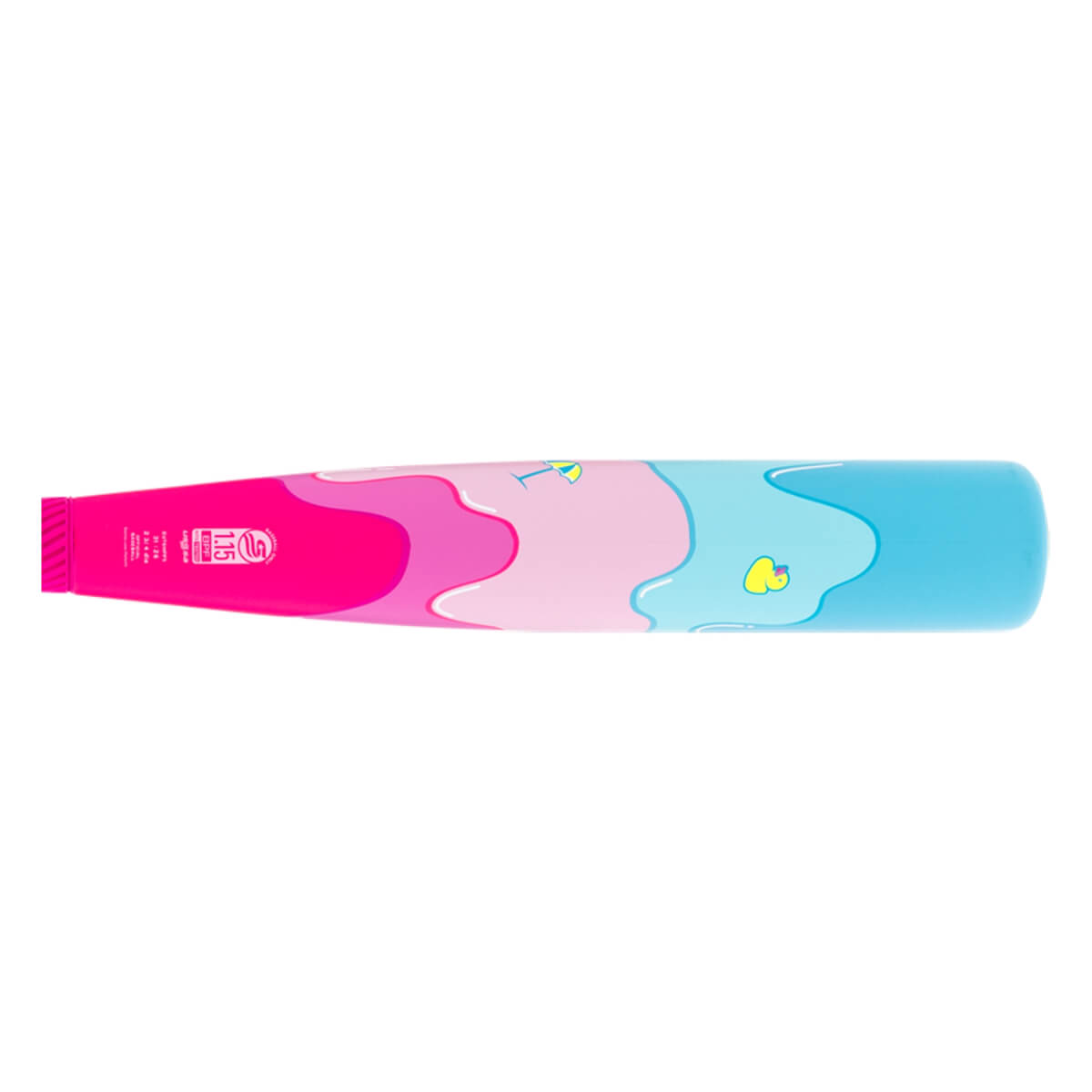 Side view of a pink, light pink, and blue baseball bat with a melting design, cocktail glass, and USSSA stamp.