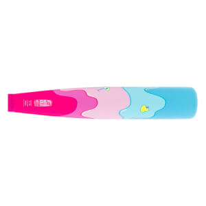 Side view of a pink, light pink, and blue baseball bat with a melting design, cocktail glass, and USSSA stamp.