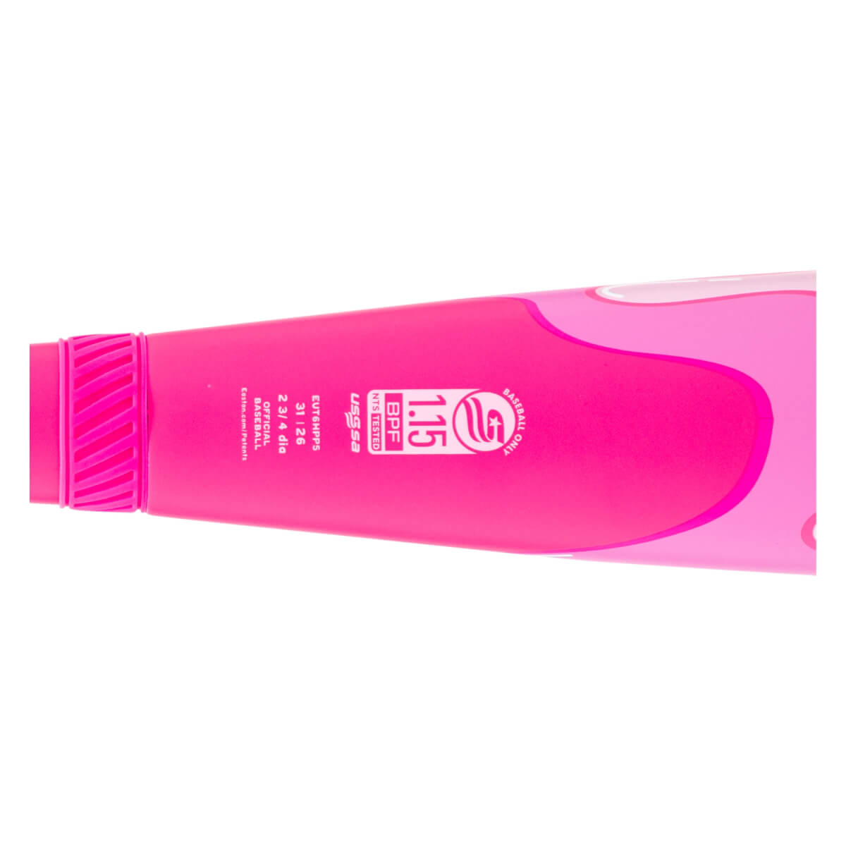 Close-up side view of a bright pink baseball bat handle with a ribbed knob and USSSA 1.15 BPF certification text.
