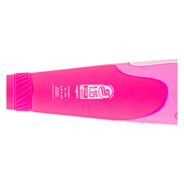 Close-up side view of a bright pink baseball bat handle with a ribbed knob and USSSA 1.15 BPF certification text.