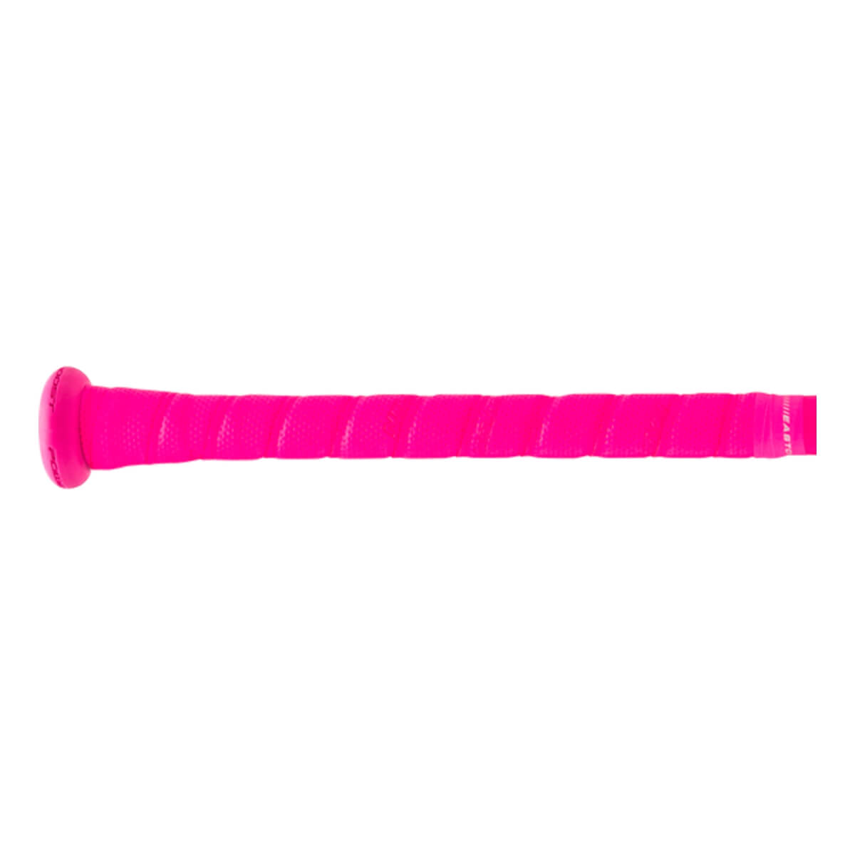 Side view of a bright pink baseball bat handle with a textured, spiraled grip and a prominent knob.