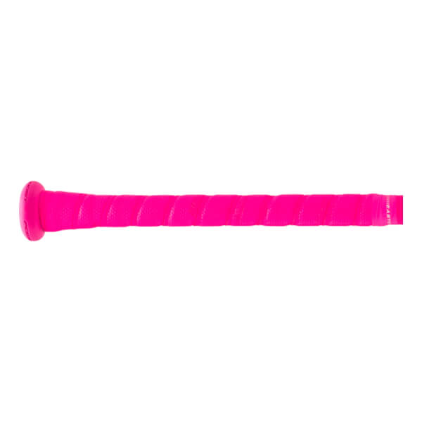 Side view of a bright pink baseball bat handle with a textured, spiraled grip and a prominent knob.