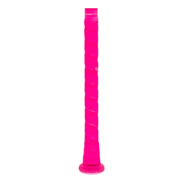 Close-up of a bright pink baseball bat grip with textured wrap, EASTON branding, and a rounded knob with POWER BOOST.