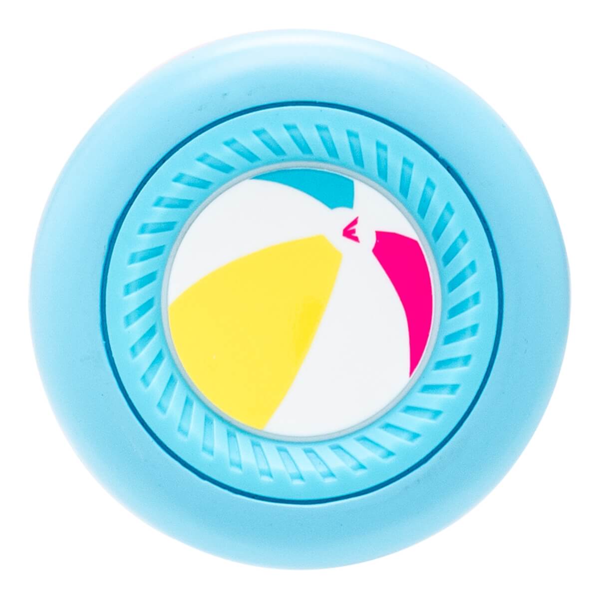 Close-up of a light blue baseball bat end cap with a multi-colored beach ball design and textured inner ring.