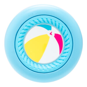 Close-up of a light blue baseball bat end cap with a multi-colored beach ball design and textured inner ring.