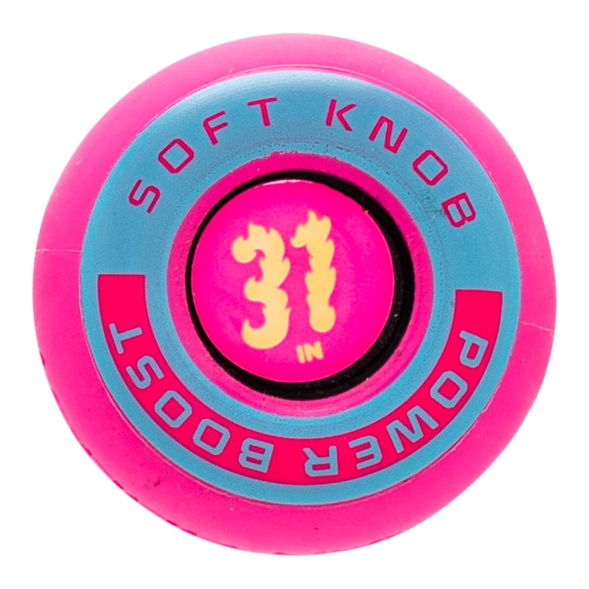 Top-down view of a pink and blue baseball bat end cap with SOFT KNOB POWER BOOST text and 31 IN in the center.