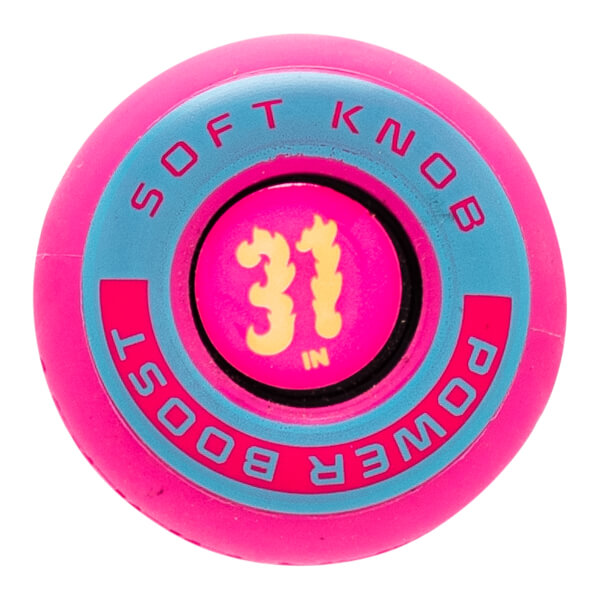 Top-down view of a pink and blue baseball bat end cap with SOFT KNOB POWER BOOST text and 31 IN in the center.