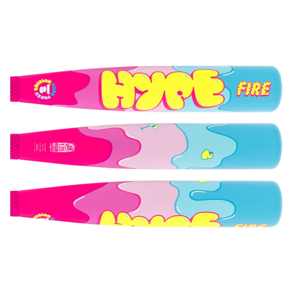 Multiple views of the pink, blue, and yellow baseball bat barrel with HYPE FIRE text and a wavy, dripping design.