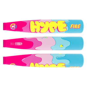 Multiple views of the pink, blue, and yellow baseball bat barrel with HYPE FIRE text and a wavy, dripping design.