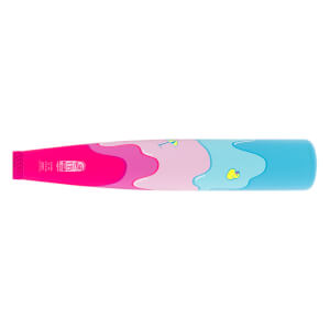 Side view of a pink, light pink, and blue baseball bat with a wavy pattern and small yellow ducky and cocktail graphics.
