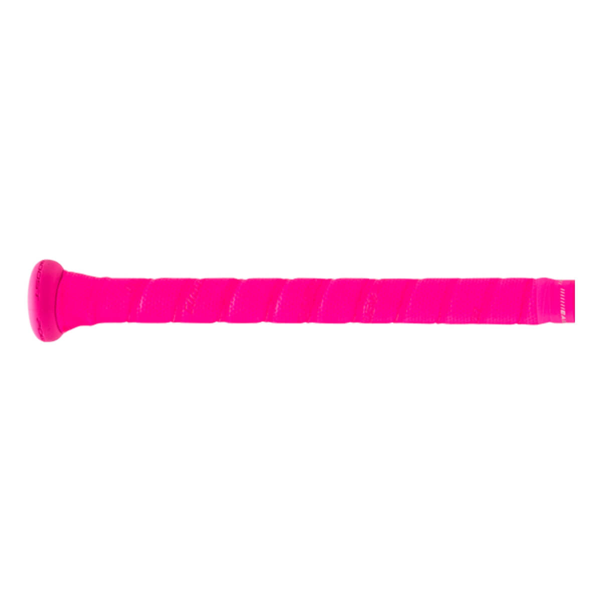 Side view of a hot pink baseball bat handle with a textured spiral grip and a flared knob.