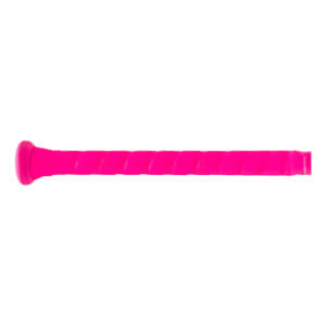 Side view of a hot pink baseball bat handle with a textured spiral grip and a flared knob.