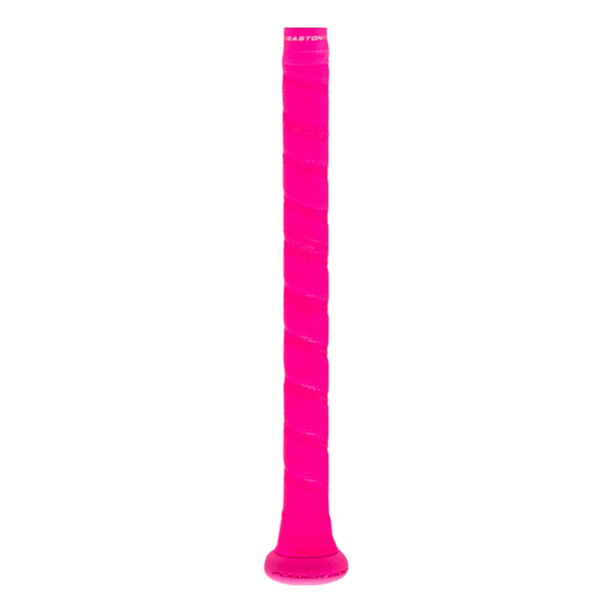 Side view of a bright pink baseball bat handle with a textured wrapped grip and an Easton logo near the top.