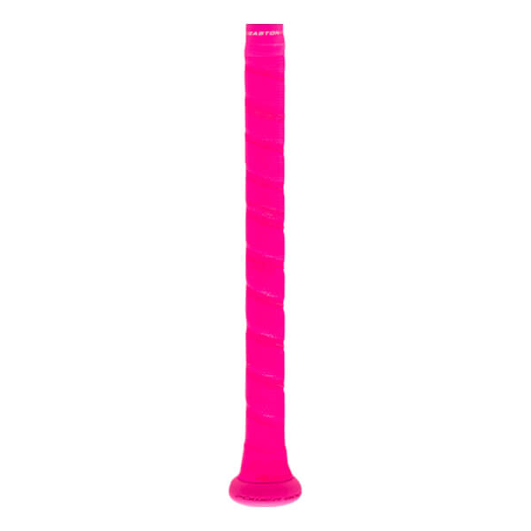 Side view of a bright pink baseball bat handle with a textured wrapped grip and an Easton logo near the top.