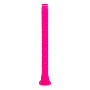 Side view of a bright pink baseball bat handle with a textured wrapped grip and an Easton logo near the top.