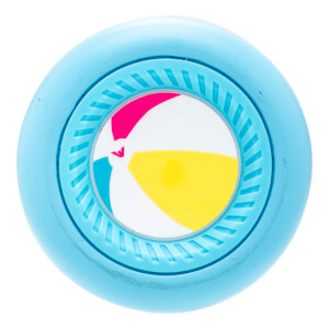 Top-down view of a light blue baseball bat end cap with a colorful beach ball graphic and textured ring.