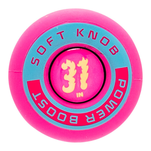 Top-down view of a pink bat knob with a turquoise ring, SOFT KNOB POWER BOOST text, and 31 IN in the center.