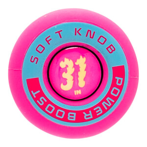 Top-down view of a pink bat knob with a turquoise ring, SOFT KNOB POWER BOOST text, and 31 IN in the center.