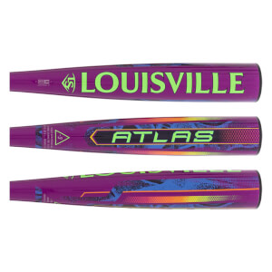 Side view of a purple baseball bat with neon green LOUISVILLE and ATLAS text, and abstract blue and orange patterns.