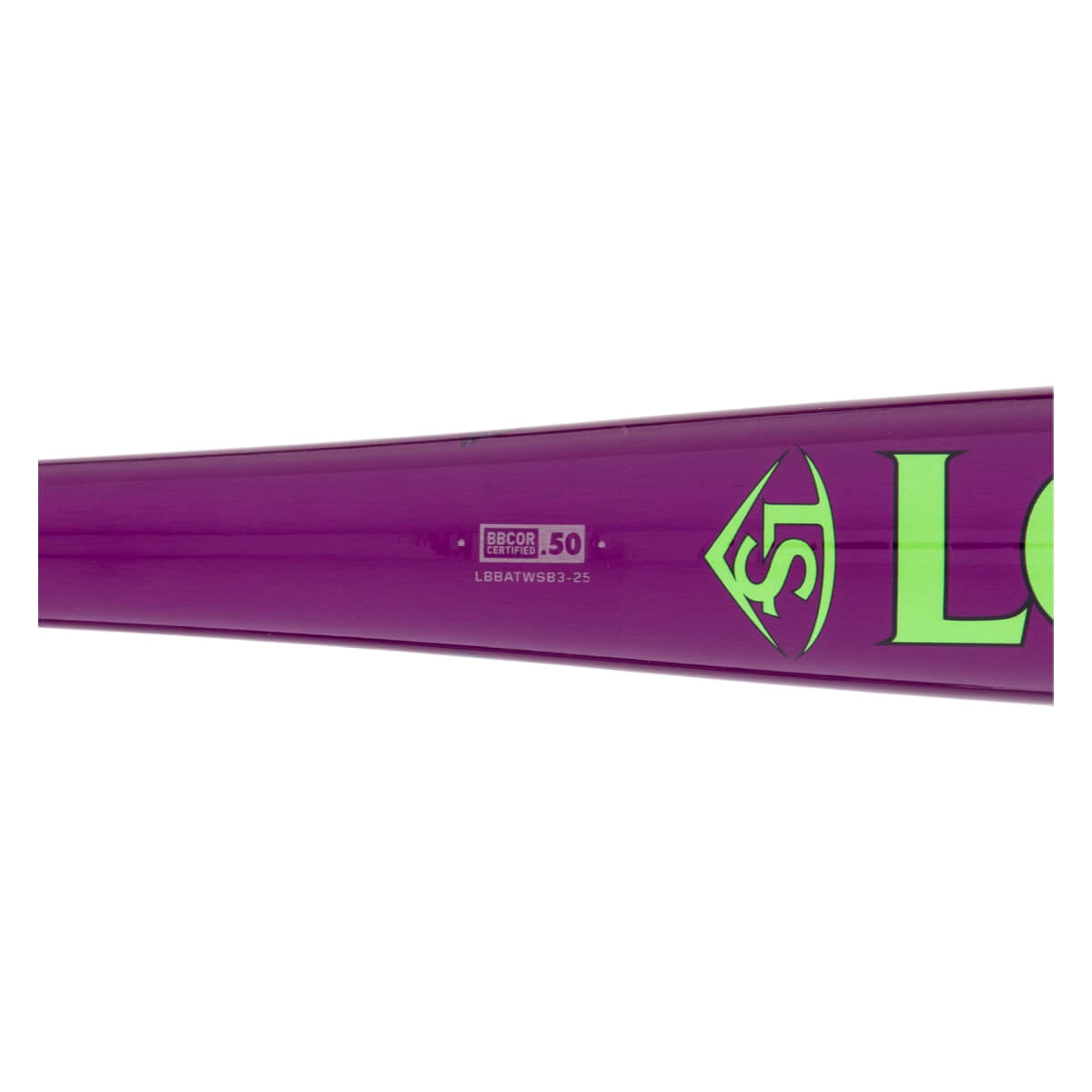 Close-up of a purple baseball bat with a neon green Louisville Slugger logo and BBCOR certified stamp.