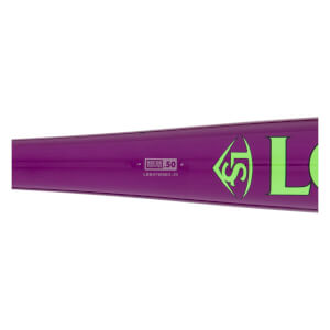Close-up of a purple baseball bat with a neon green Louisville Slugger logo and BBCOR certified stamp.