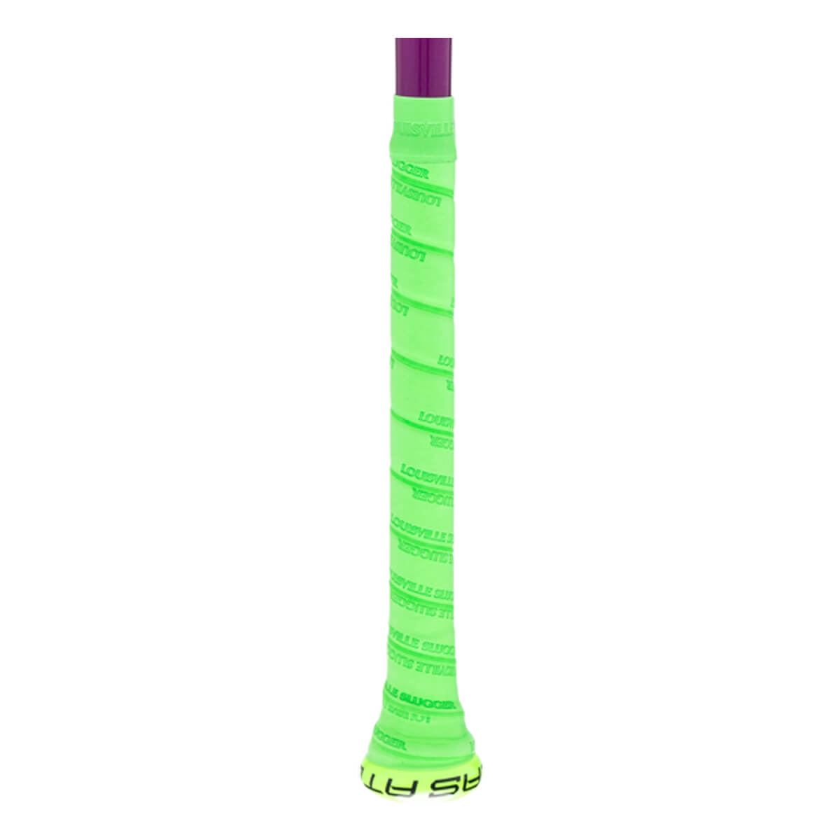 Close-up of a neon green baseball bat grip with LOUISVILLE SLUGGER text, a purple top, and ATLAS on the knob.