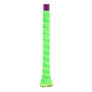 Close-up of a neon green baseball bat grip with LOUISVILLE SLUGGER text, a purple top, and ATLAS on the knob.