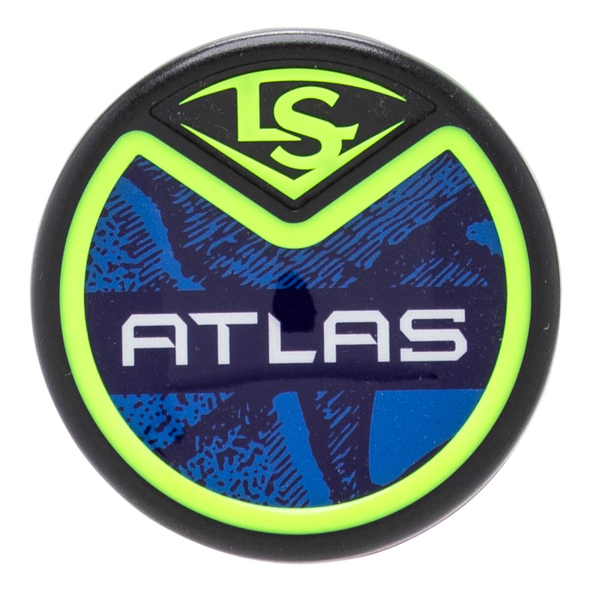 Top-down view of a black baseball bat end cap with a neon green LS logo, white ATLAS text, and a blue patterned background.