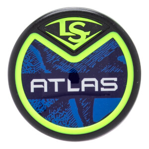 Top-down view of a black baseball bat end cap with a neon green LS logo, white ATLAS text, and a blue patterned background.