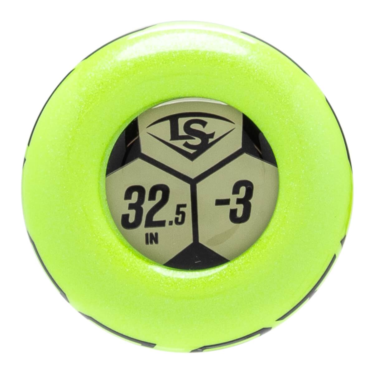Top-down view of a neon green baseball bat end cap with a hexagonal design showing the LS logo, 32.5 IN, and -3.
