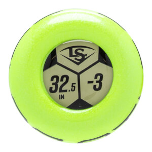 Top-down view of a neon green baseball bat end cap with a hexagonal design showing the LS logo, 32.5 IN, and -3.