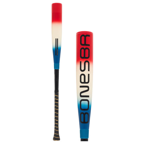 Composite view of a red, white, and blue gradient baseball bat with BONESBR text and a black grip with gold stripes.