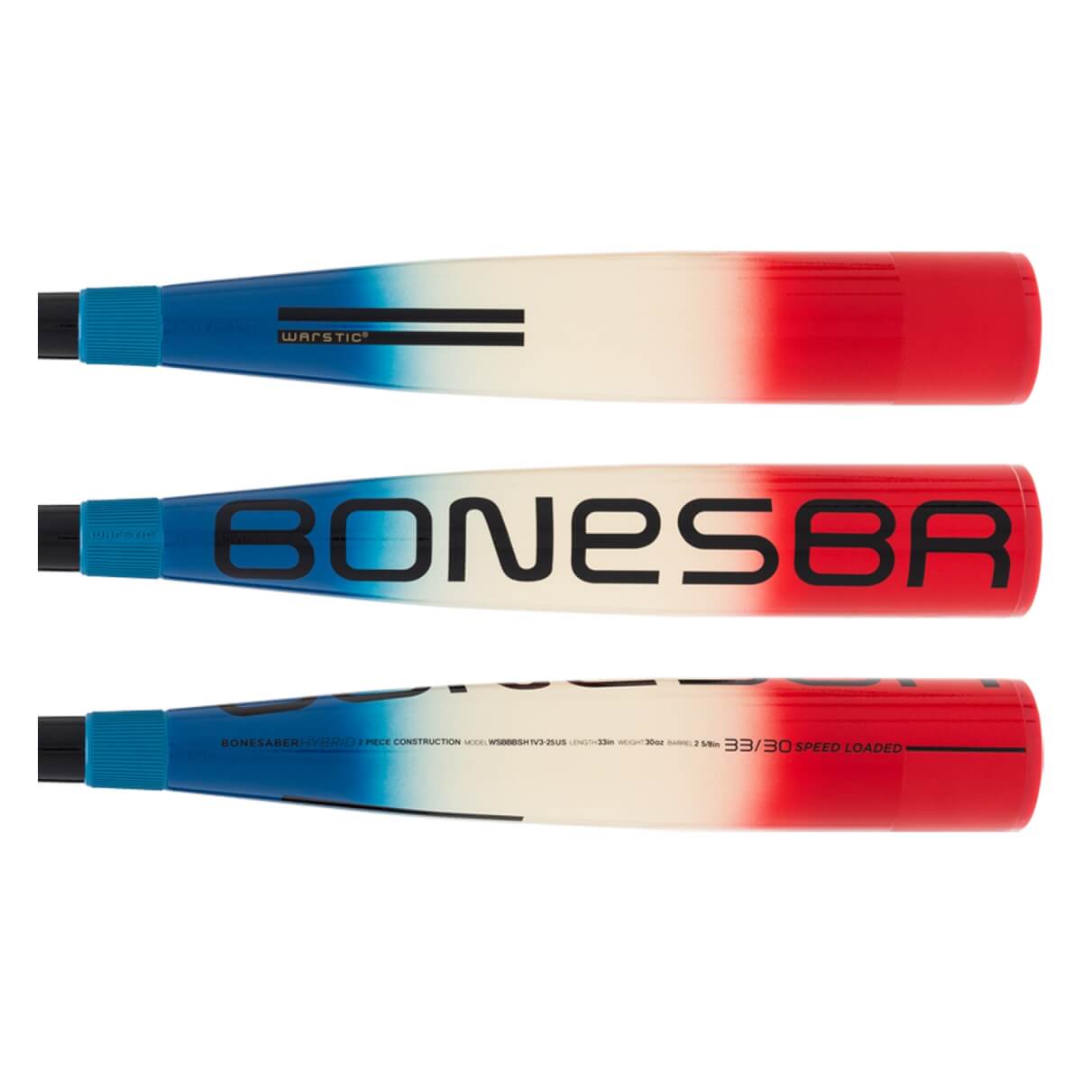 Multiple side views of a red, white, and blue gradient baseball bat with WARSTIC, BONESBR, and 33/30 SPEED LOADED text.