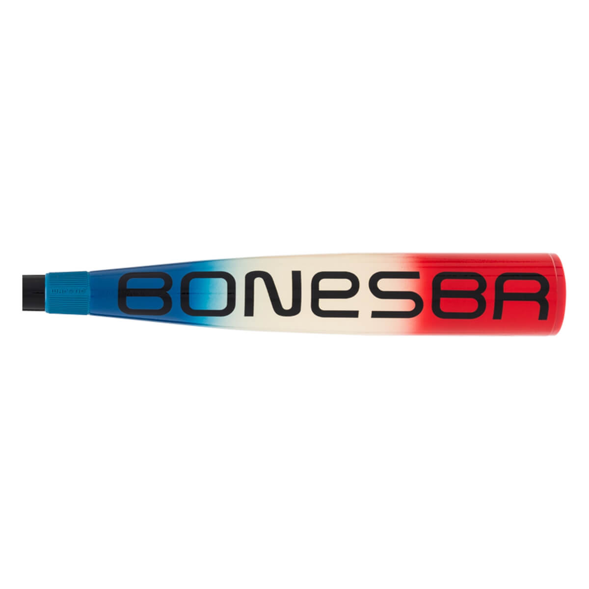 Side view of a red, white, and blue baseball bat with BONESBR printed in black across the barrel.