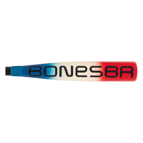 Side view of a red, white, and blue baseball bat with BONESBR printed in black across the barrel.