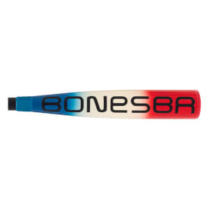 Side view of a red, white, and blue baseball bat with BONESBR printed in black across the barrel.
