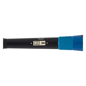Close-up of a black baseball bat with a white BBCOR .50 certified label and a ribbed blue handle.