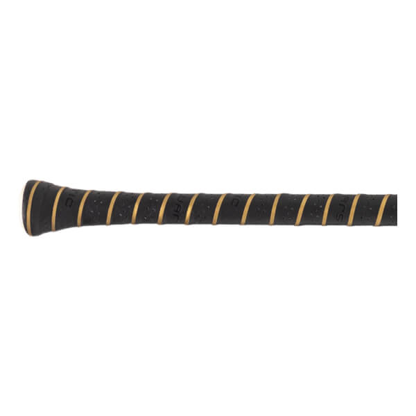 Close-up of a black baseball bat grip with gold spiral stripes, perforated texture, and WARSTIC branding.