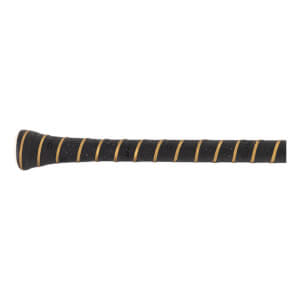 Close-up of a black baseball bat grip with gold spiral stripes, perforated texture, and WARSTIC branding.